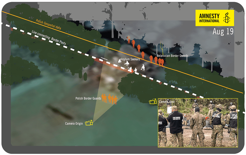 stopklatka z rekonstrukcji przebywania uchodźców na granicy 19 sierpnia 2021