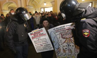 Anti-war protest in Saint-Petersburg, March 2, 2022. Photo by Sergey Mihailicenko/Anadolu Agency via Getty Images