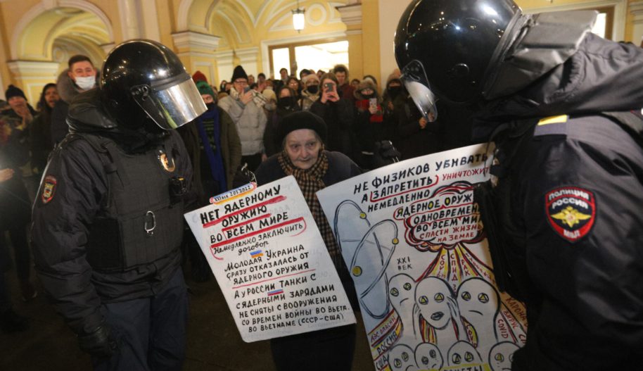 Anti-war protest in Saint-Petersburg, March 2, 2022. Photo by Sergey Mihailicenko/Anadolu Agency via Getty Images