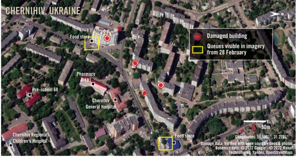Mapa satelitarna pokazuje obszary zniszczeń- zweryfikowane zdjęciami i filmami opublikowanymi z dostępem otwartym - z nalotu bombowego 3 marca 2022 na Czernihów w Ukrainie. 