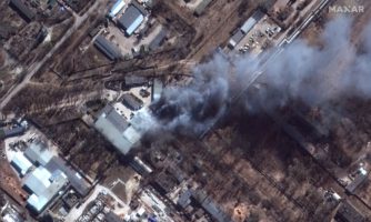 RUSSIANS INVADE UKRAINE -- MARCH 10, 2022: 15 Maxar satellite imagery closeup of fires in Chernihiv, Ukraine. 10mar2022_wv2. Please use: Satellite image (c) 2022 Maxar Technologies.