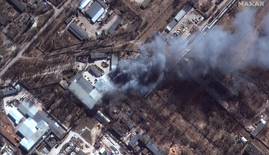 RUSSIANS INVADE UKRAINE -- MARCH 10, 2022: 15 Maxar satellite imagery closeup of fires in Chernihiv, Ukraine. 10mar2022_wv2. Please use: Satellite image (c) 2022 Maxar Technologies.