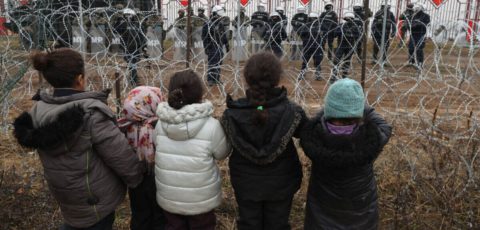 Migrants aiming to cross into Poland camp near the Bruzgi-Kuznica border crossing on the Belarusian-Polish border on November 17, 2021.