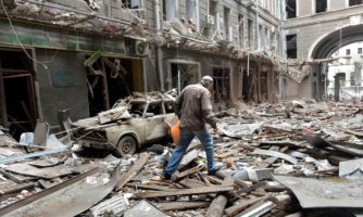 A view of damaged building following a shelling in Ukraine's second-biggest city of Kharkiv on March 3, 2022.