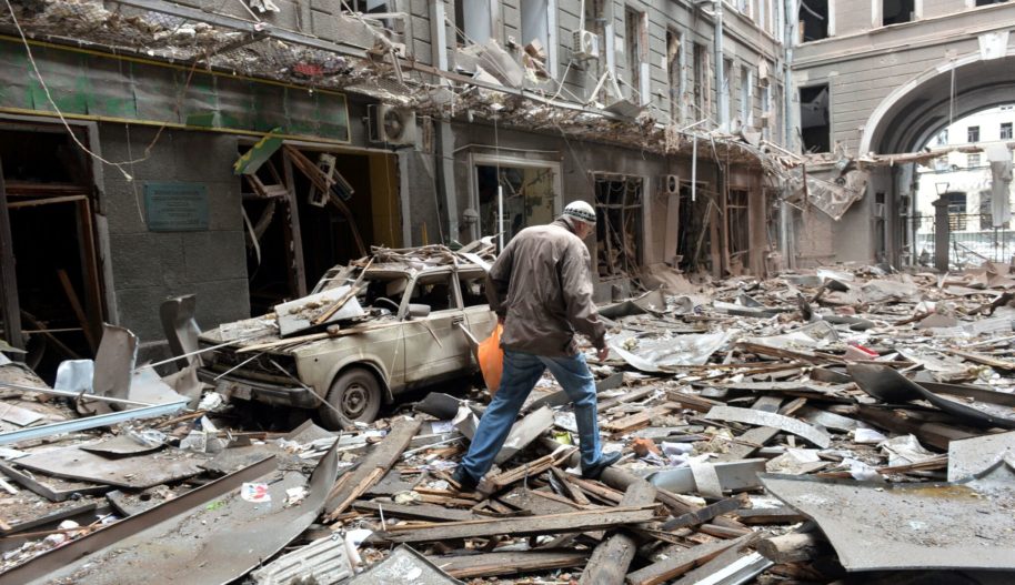 A view of damaged building following a shelling in Ukraine's second-biggest city of Kharkiv on March 3, 2022.