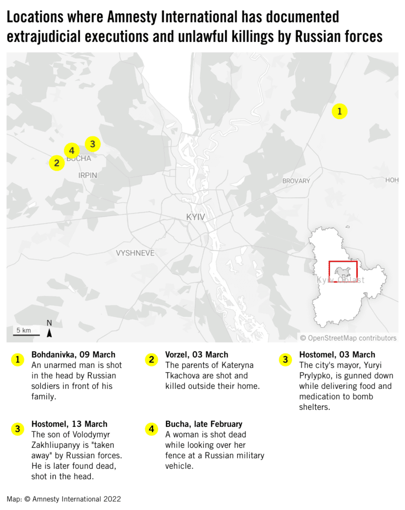 Miejsca, w których Amnesty International udokumentowała pozasądowe egzekucje i bezprawne zabójstwa dokonane przez siły rosyjskie.
