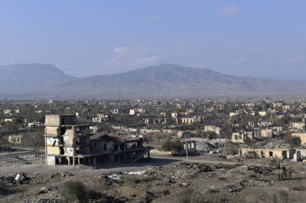 This picture taken on November 27, 2020 shows destroyed buildings in the town of Aghdam. - The territory is due to be returned to Baku as stipulated in a Moscow-brokered peace deal signed by Armenia and Azerbaijan on November 9, 2020. (Photo by STRINGER/AFP via Getty Images)