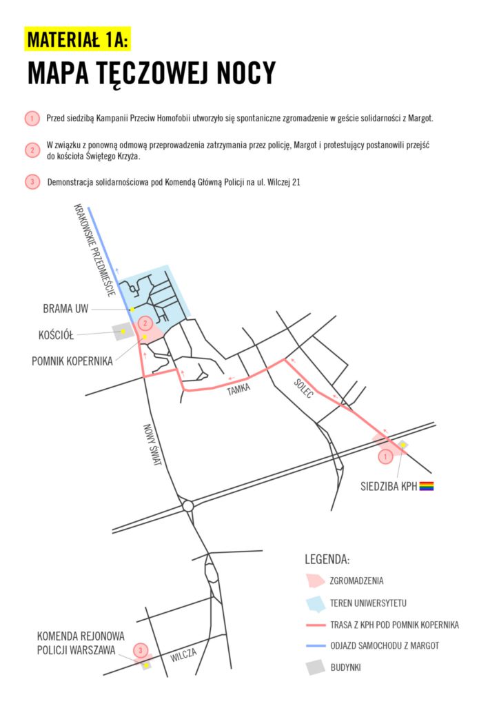 Mapa przedstawiająca gdzie kolejno działy się wydarzenia tzw. "Tęczowej Nocy" 8 sierpnia 2020.