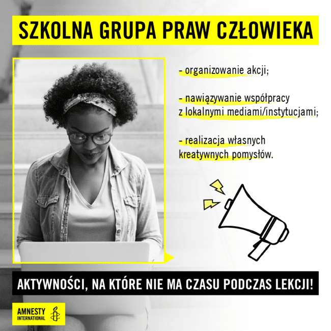 Grafika promująca Szkolne Grupy Praw Człowieka. Aktywności, na które nie ma czasu podczas lekcji!