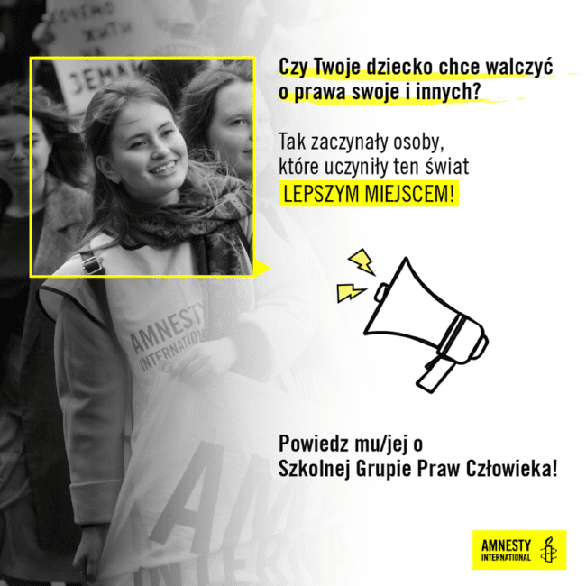 Grafika promująca Szkolne Grupy Praw Człowieka. Czy Twoje dziecko chce walczyć o prawa swoje i innych?