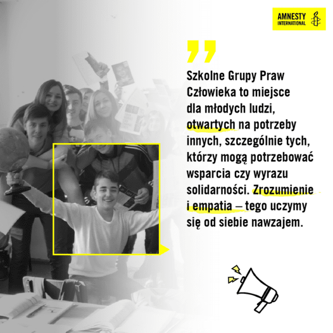 Grafika promująca Szkolne Grupy Praw Człowieka. Zrozumienie i empatia – tego uczymy się od siebie nawzajem.