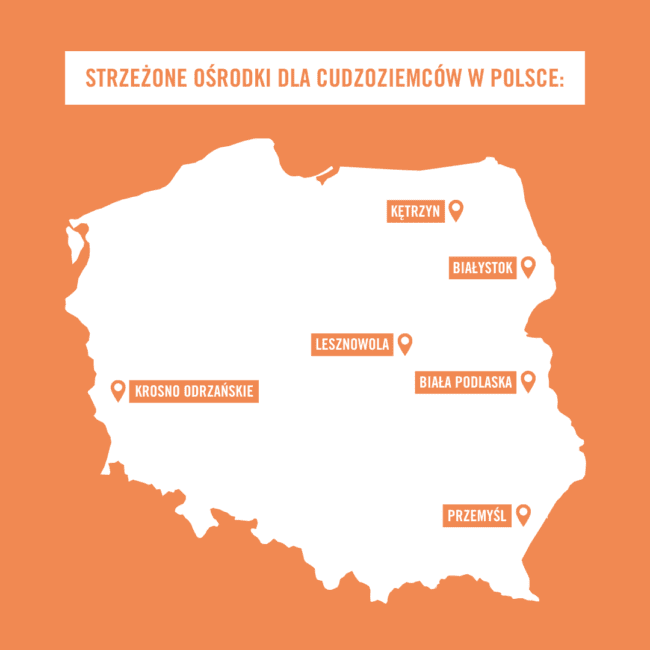 Mapa Polski przedstawiająca Strzeżone Ośrodki dla Cudzoziemców.