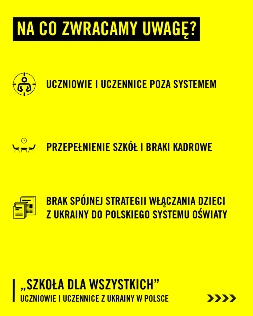 Na co zwracamy uwagę w raporcie? Uczniowie i uczennice poza systemem; przepełnienie szkół i braki kadrowe; brak spójnej strategii włączania dzieci z Ukrainy do polskiego systemu oświaty.