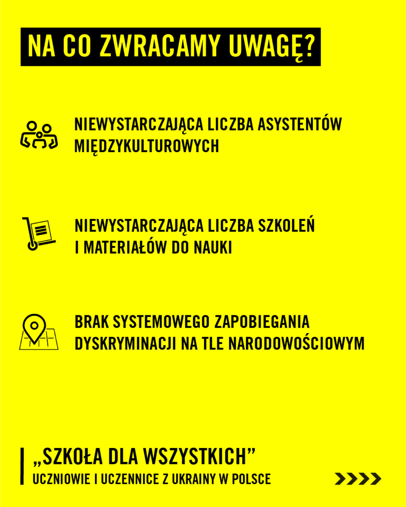 Na co zwracamy uwagę w raporcie? Nie wystarczająca liczba asystentów międzykulturowych; niewystarczająca liczba szkoleń i materiałów do nauki; brak systemowego zapobiegania dyskryminacji na tle narodowościowym.