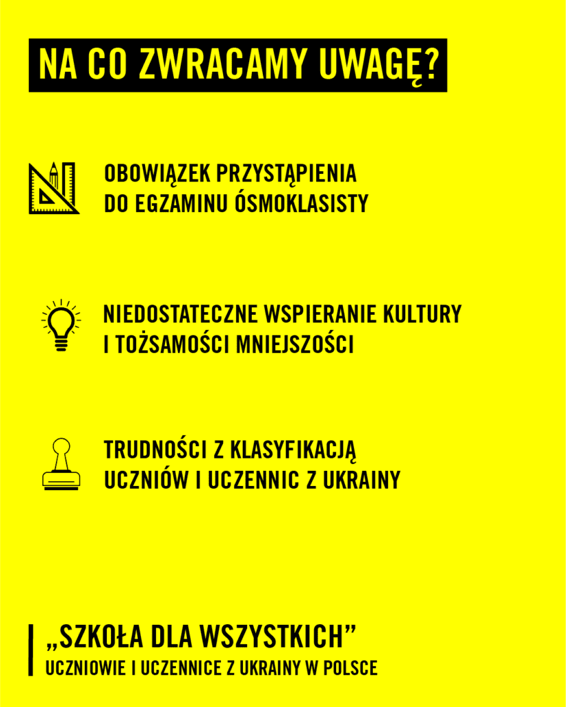 Na co zwracamy uwagę w raporcie? Obowiązek przystąpienia do egzaminu ósmoklasisty; niedostateczne wspieranie kultury i tożsamości mniejszości; trudności z klasyfikacją uczniów i uczennic z Ukrainy.