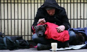 Osoba bezdomna, siedzi z psem na kolonach na ulicu.