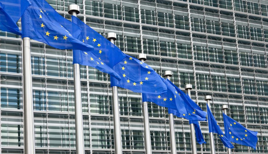 Zdjęcie flag obok budynku Parlamentu Europejskiego.